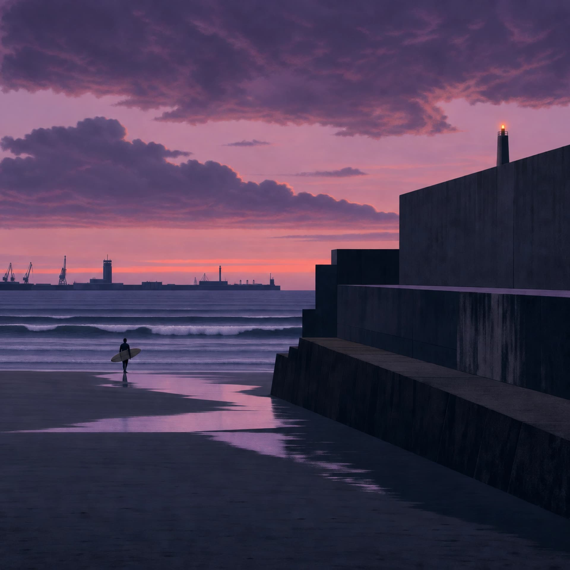 Une surfeuse traverse une plage au crépuscule violet, le long des murs du port.