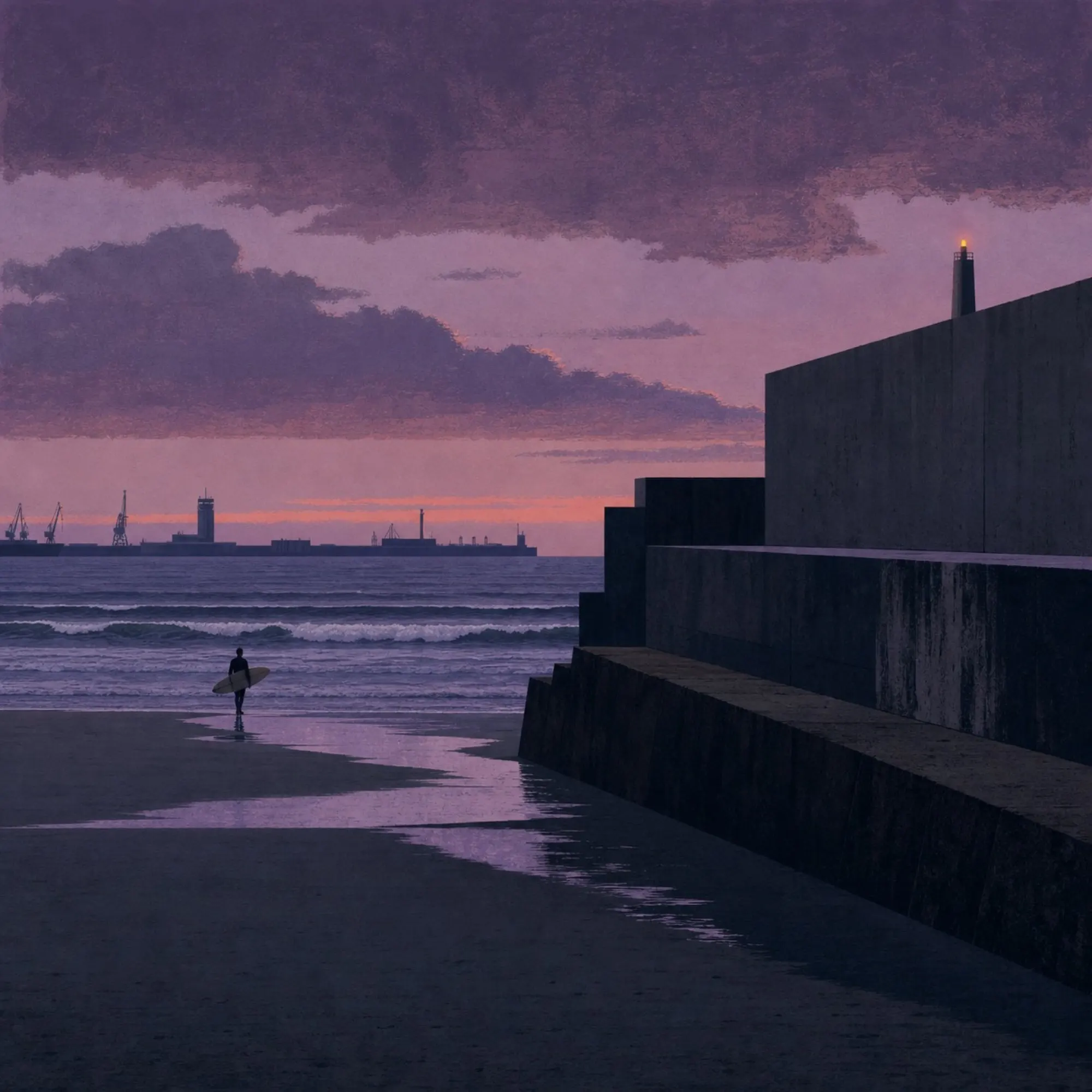 A surfer crossing a purple dusk beach beside harbour walls.
