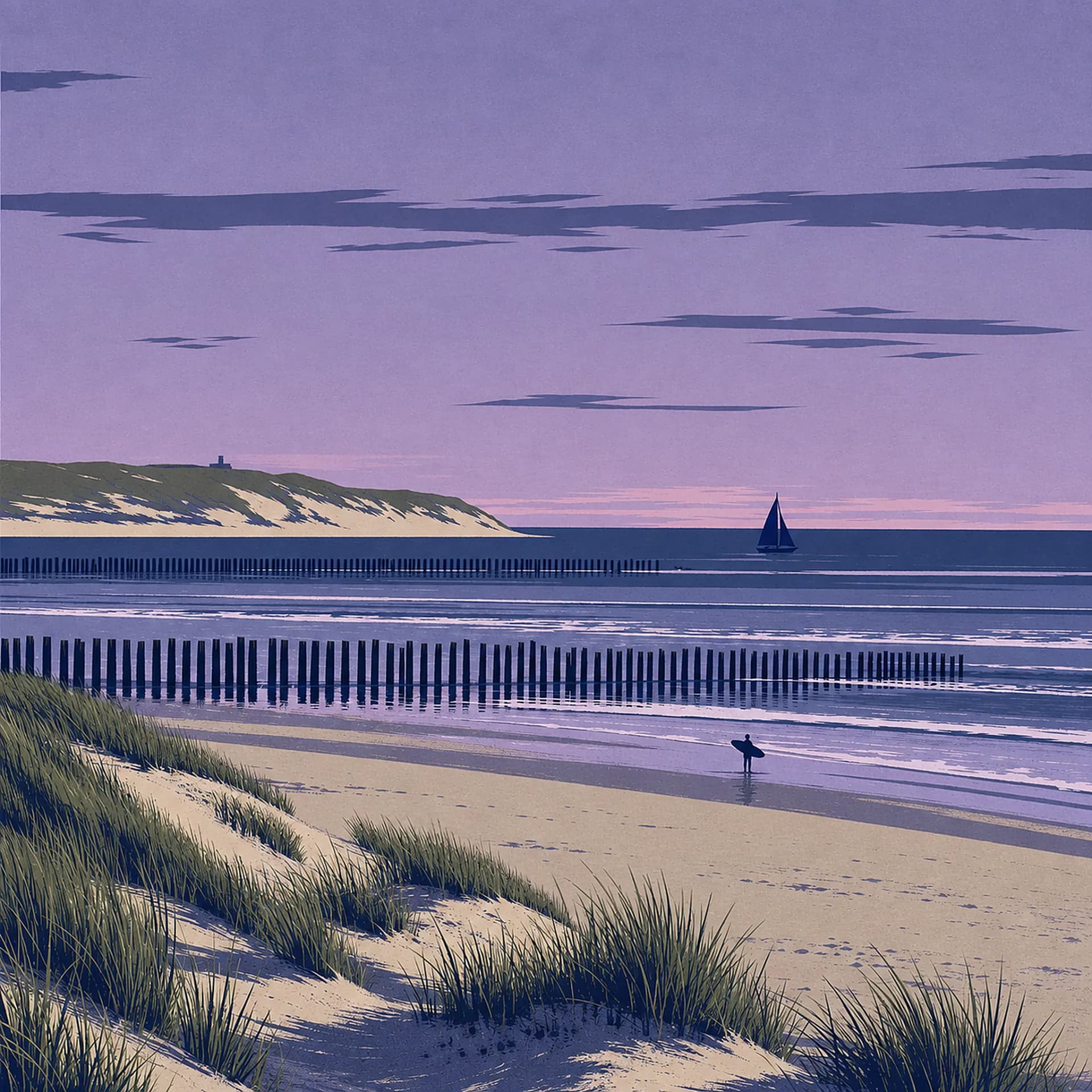 A surfer at the groynes of Domburg, with a sailing boat on the horizon.