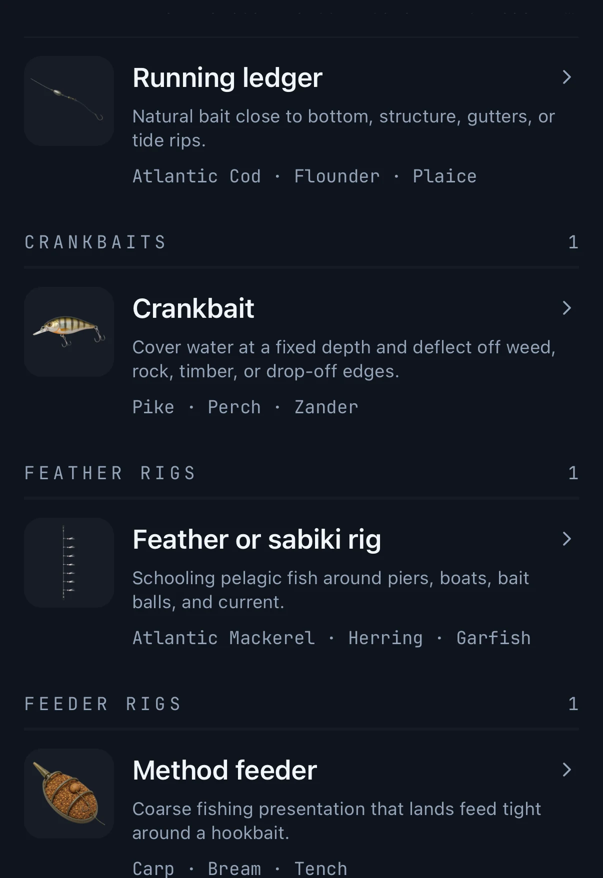 Lure Field Guide de GILLI listant un crankbait pour le brochet, la perche et le sandre, une mitraillette pour le maquereau, le hareng et l'orphie, et un method feeder pour la carpe, la brème et la tanche