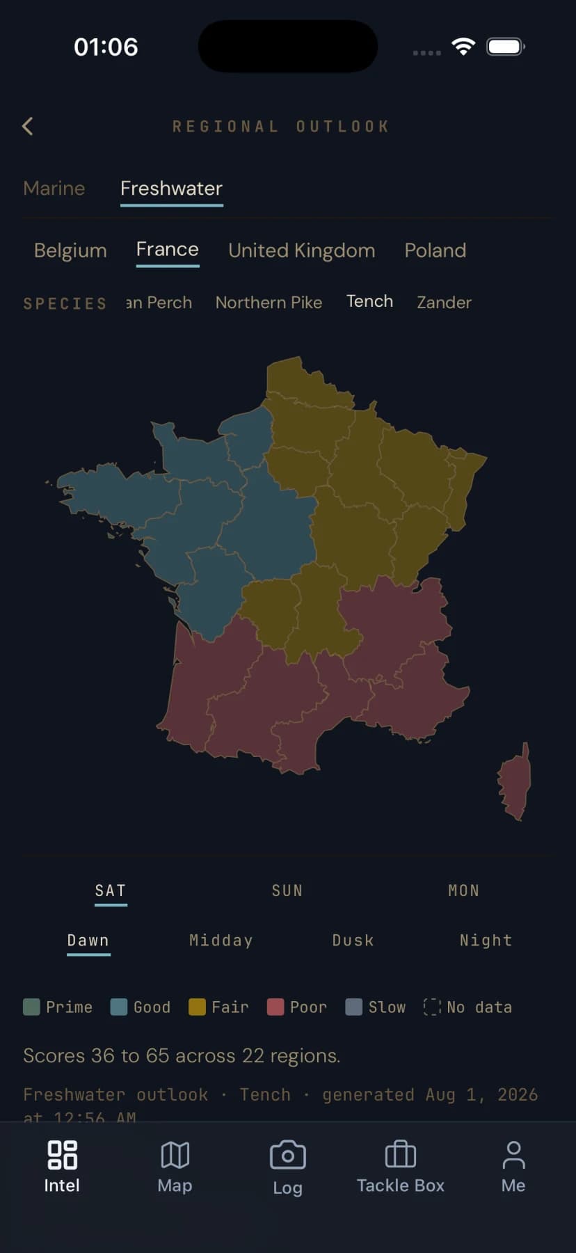Aperçu régional GILLI colorant les régions intérieures et côtières selon le score d'une espèce choisie