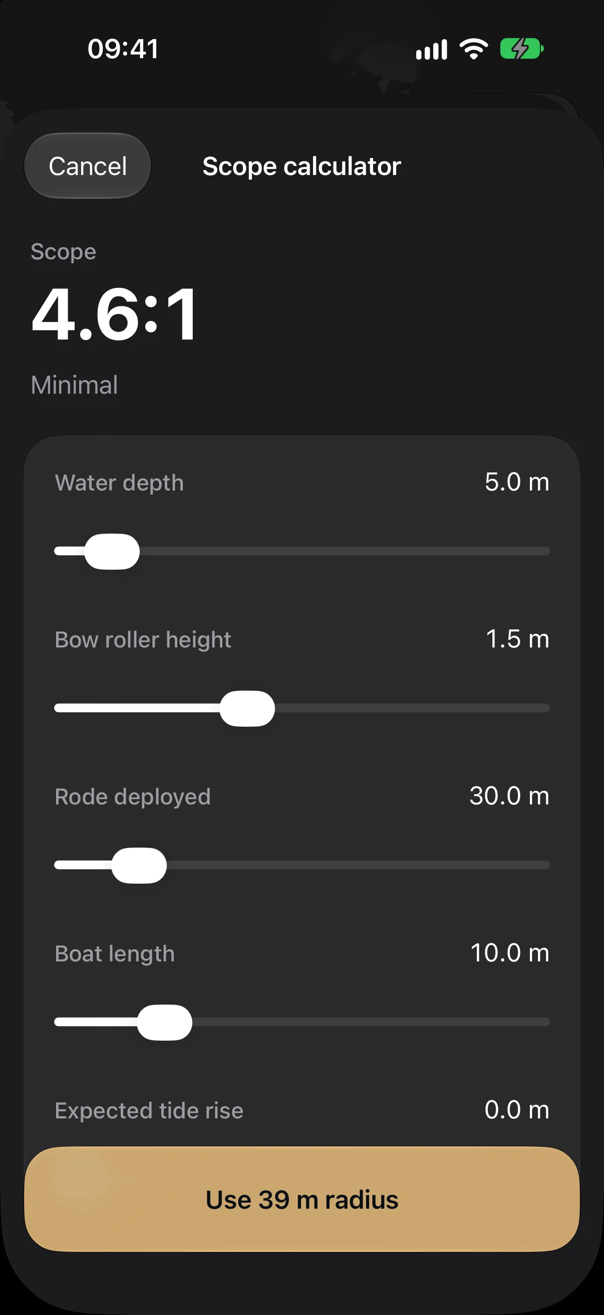 Scope calculator: 4.6:1, use 39 m radius