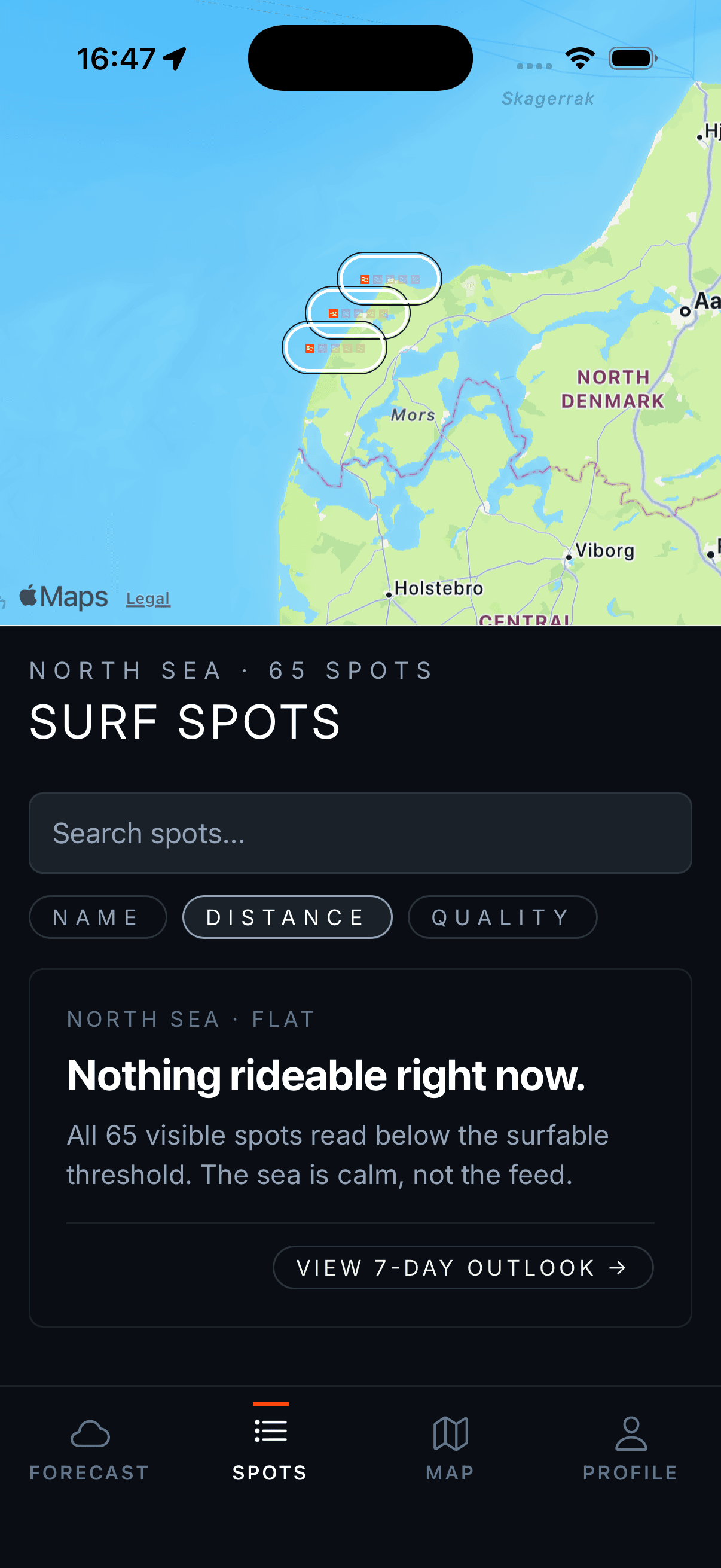 NORDRs spotliste med alle 65 spots i Nordsøen og en opsummering af flade forhold.