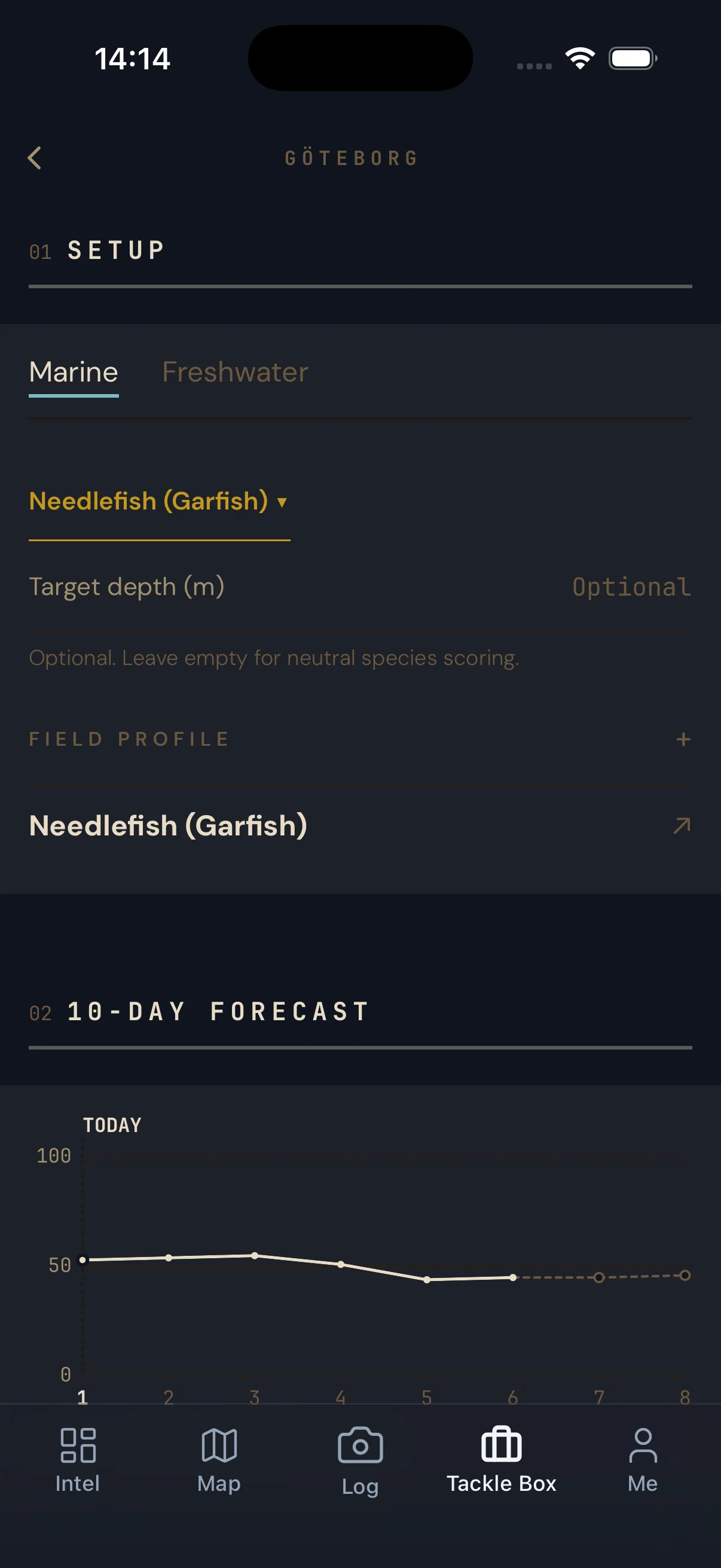 GILLI 10-day forecast with the best days marked for the chosen species