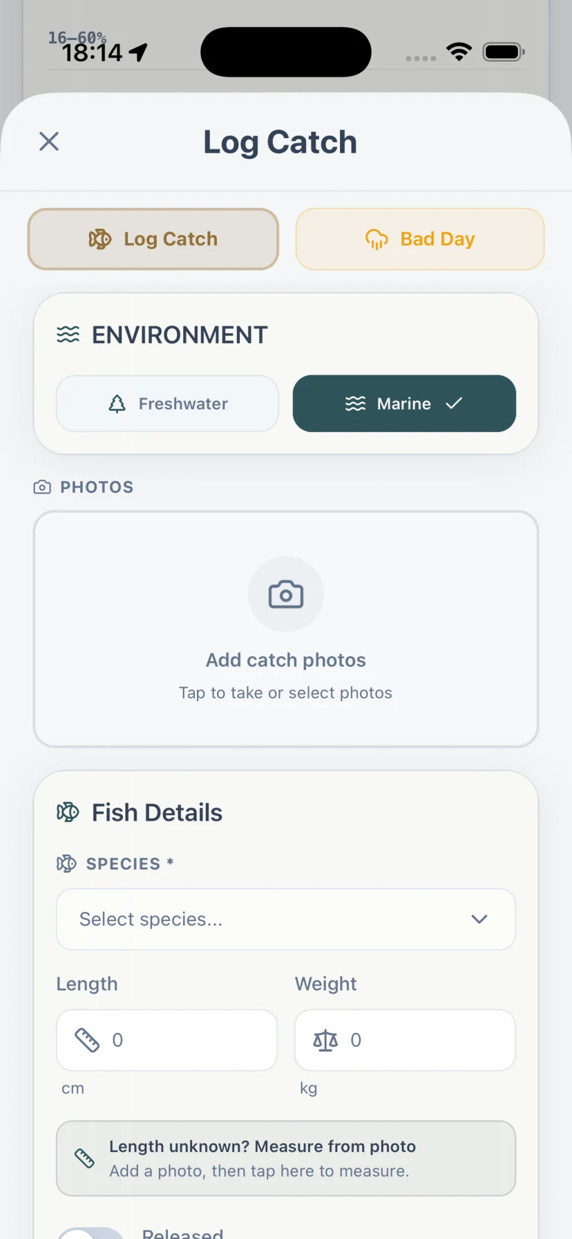 GILLI catch log with species, length, lure and the conditions at the time