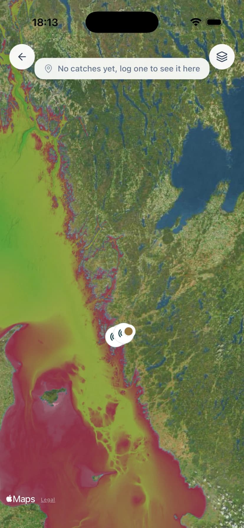 GILLI Catch Map in satellite view with saved fishing spots on the water