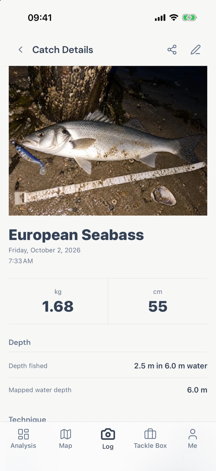 Prise de bar enregistrée dans GILLI : 55 cm, 1,68 kg, pêché à 2,5 m dans 6 m d’eau à Nieuwpoort