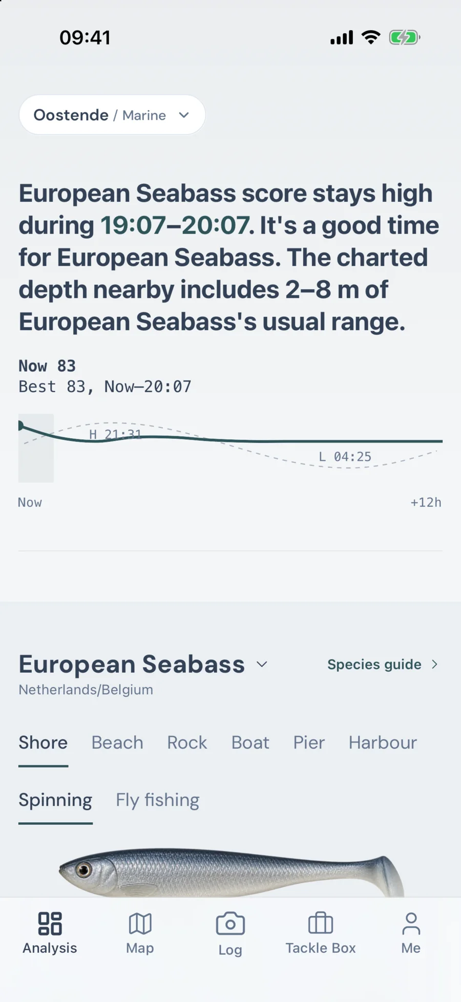 Rapport GILLI pour le bar européen à Oostende : score 83, pleine mer à 21:31, profondeur cartographiée de 2 à 8 m à proximité