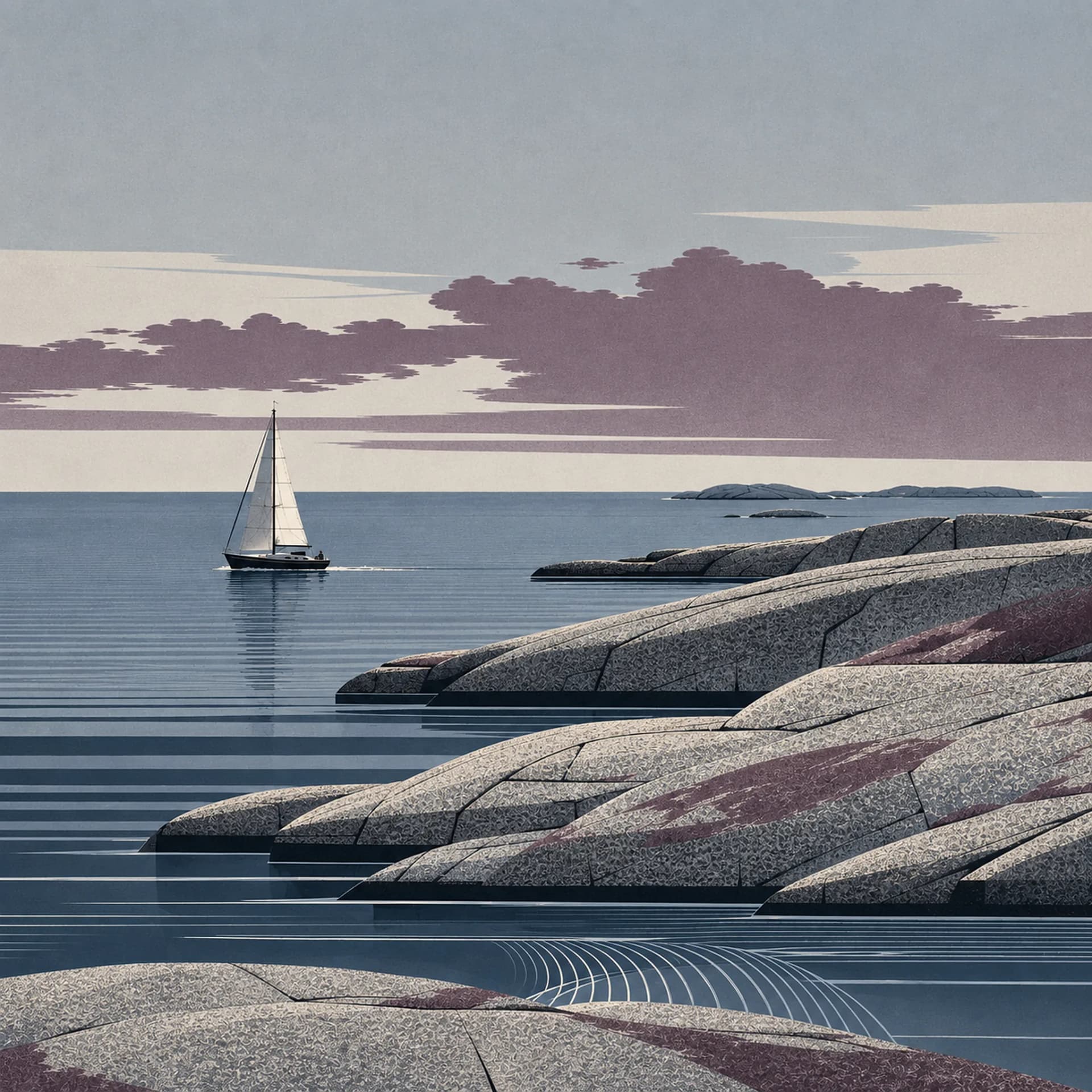 A sailboat off the Varberg coast, grey skerries and a mauve cloud bank.