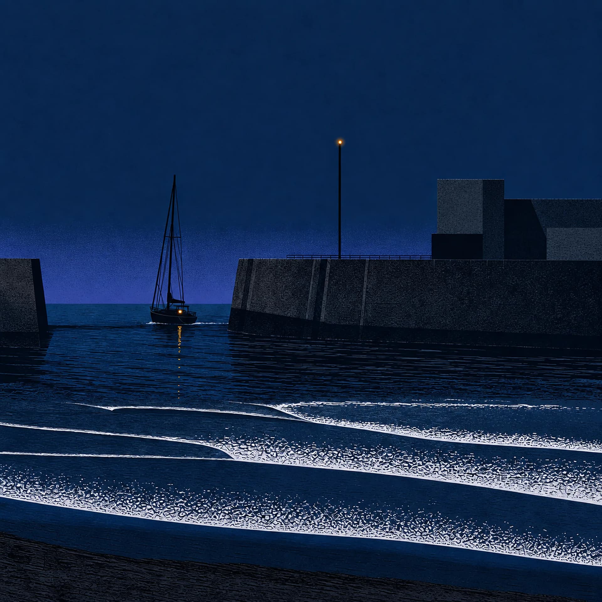 A sailboat entering Ostend harbour at night between stone piers.