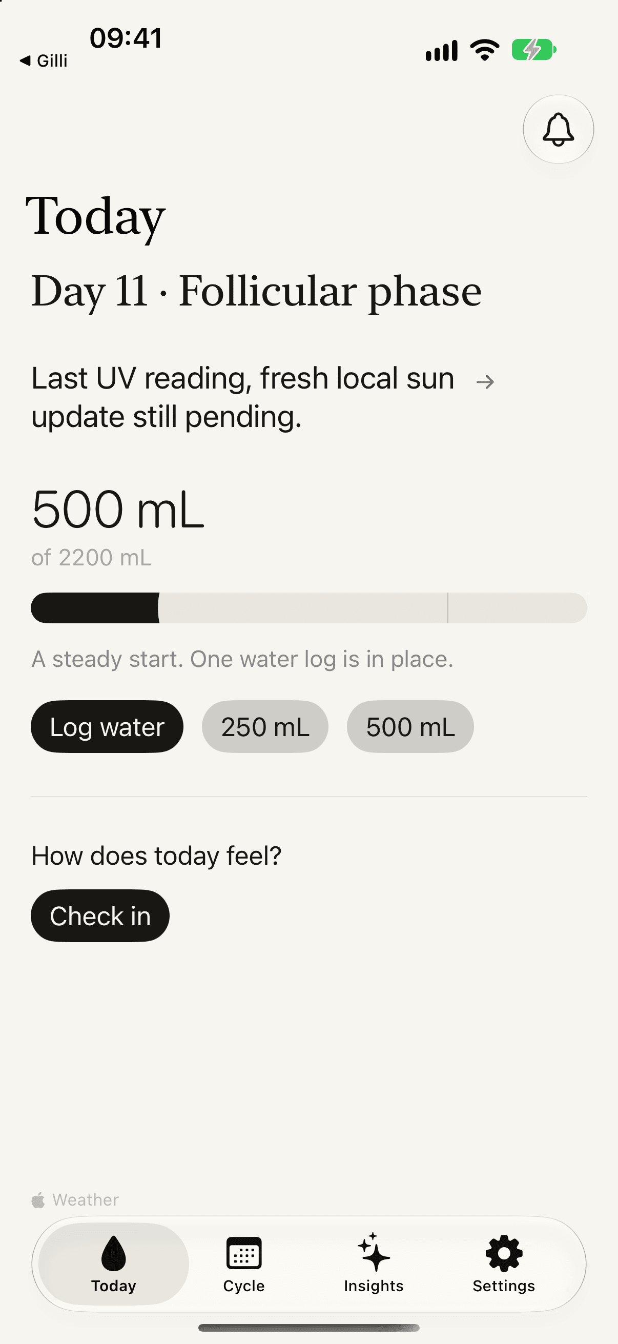 Freyja Today screen with cycle day, UV and water log