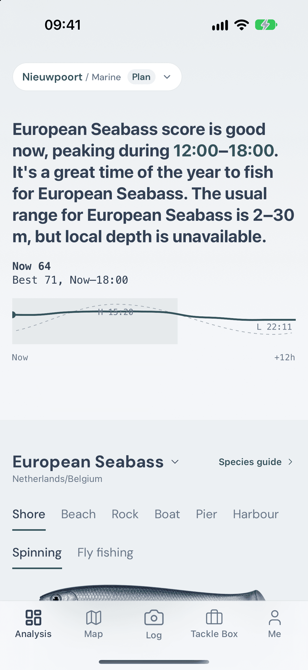 GILLI analysis for European seabass at Nieuwpoort with score, best window and tide