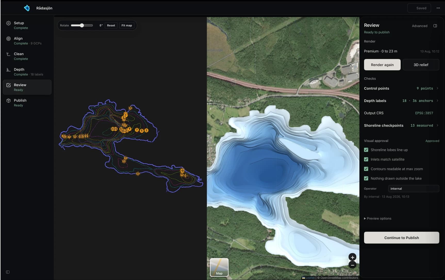 Meerkaartor review step for Rådasjön with the depth render over satellite imagery and the approval checks